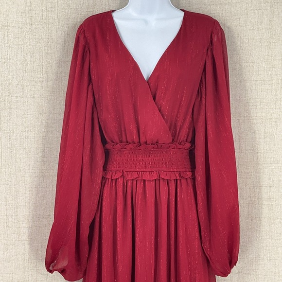 Maxi Dress Women XL Red Metallic Boho Tiered Smocked Ethereal Flowy Cottagecore - Picture 4 of 15